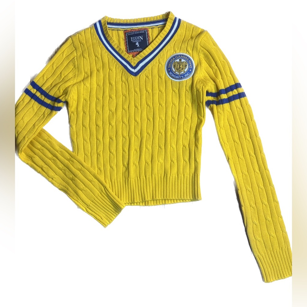 EUC Edden Sigma Gamma Rho Collegiate Sweater Sorority Royal Blue and Gold Sz L
